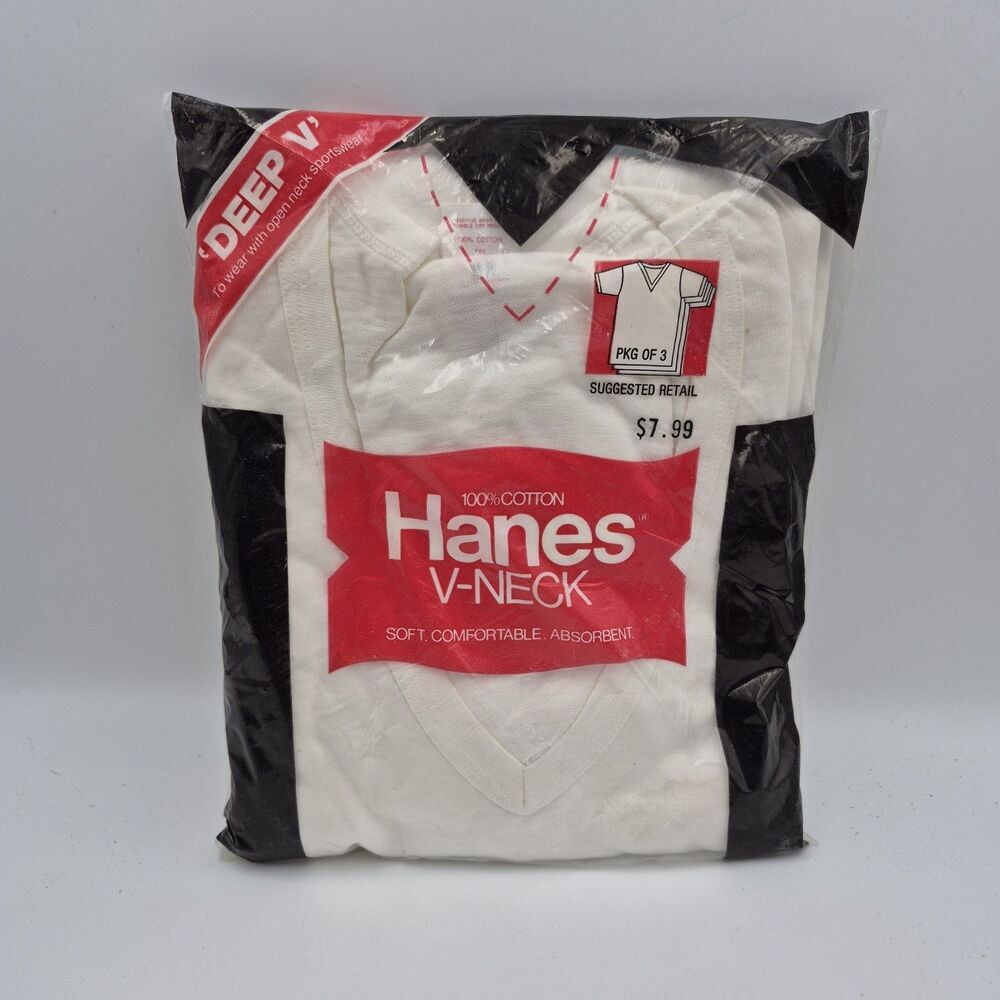 Vtg 1979 Men’s Hanes "Deep" V-Neck White 100% Cotton T Shirts-3 Pack Sz M 38/40